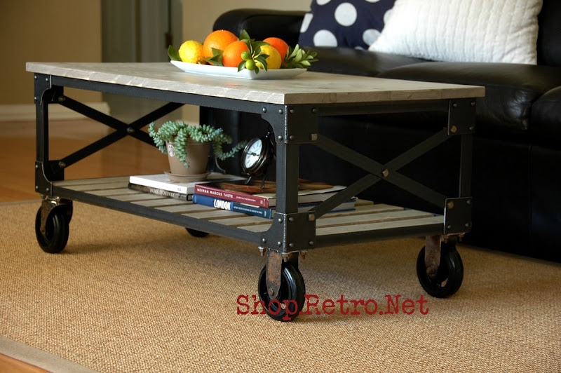 Coffee Table Riveted Details Caster Wheels Slatted Wood Top