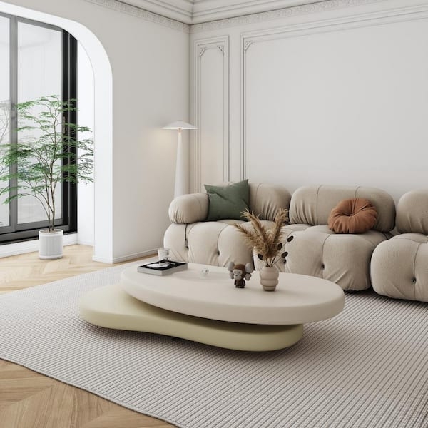 Coffee Table Rotating Top Oval Shape Two Tier Design Wood Toned Japandi