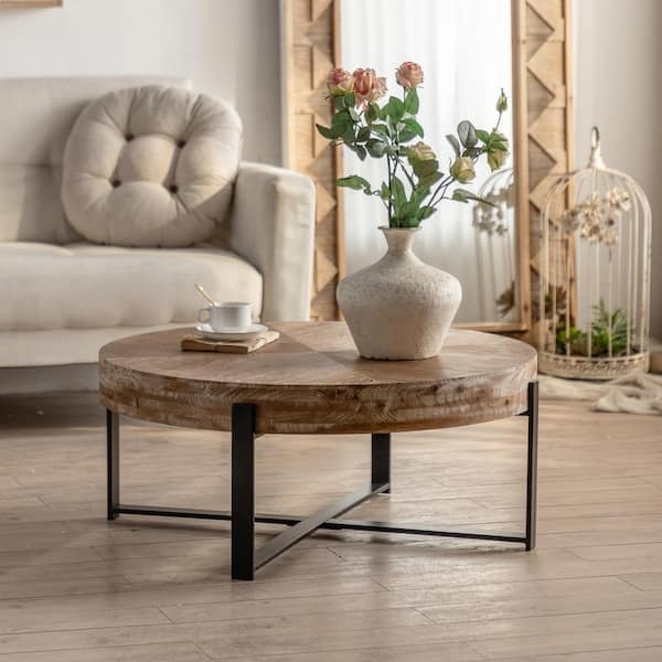 Coffee Table Round Black Metal Cross Legs Natural Wood Top Modern
