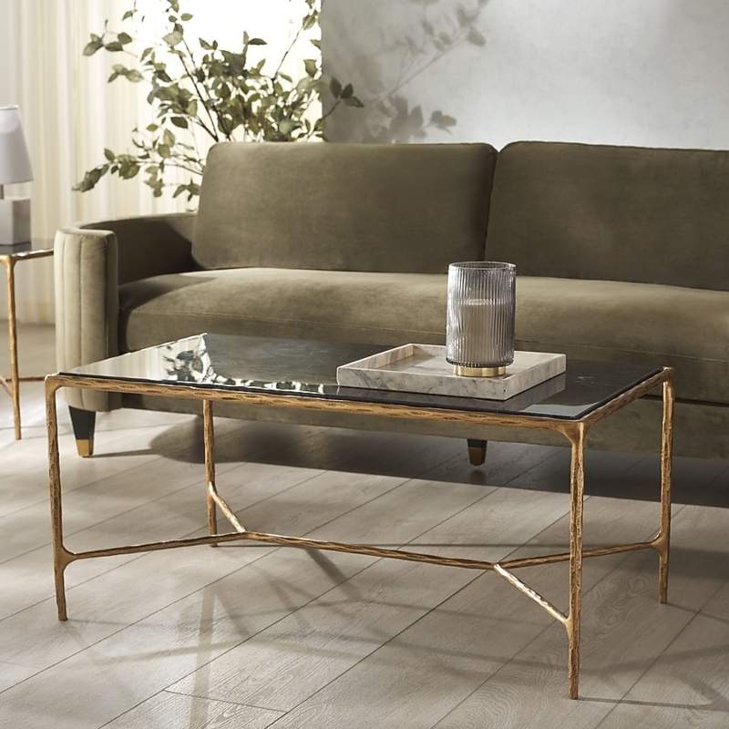 Coffee Table Round Brass Frame Black Top Intersecting Base