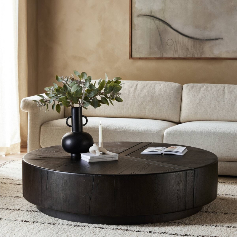 Coffee Table Round Drum Base Dark Espresso Wood Modern Rustic Minimalist