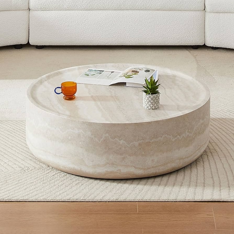 Coffee Table Round Drum Sand Color with Textured Stone Finish