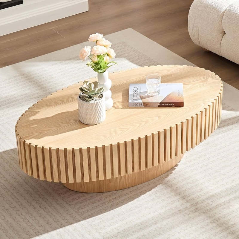 Coffee Table Round Fluted Pedestal Base with Natural Wood Finish