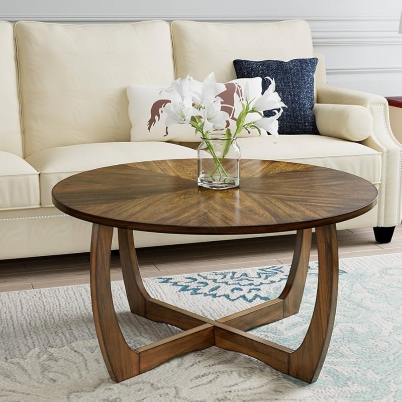 Coffee Table Round Light Wood Criss-Cross Legs Sculptural Base