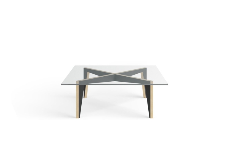 Coffee Table Round Mid-Century Dark Wood Cross-Leg Base Glass Top