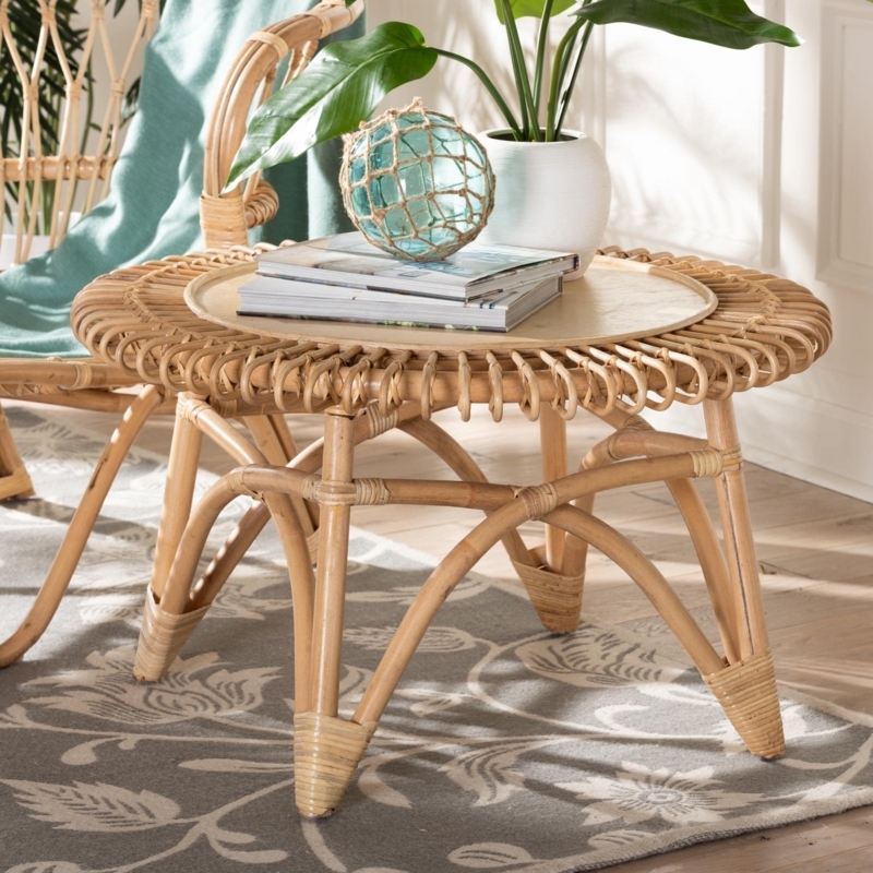 Coffee Table Round Natural Rattan Ribbed Base Low Profile