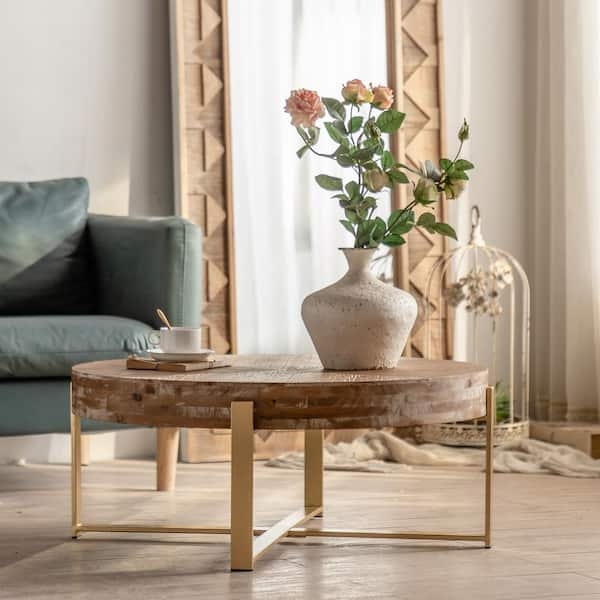 Coffee Table Round Natural Wood Top Gold Metal Cross Legs Contemporary
