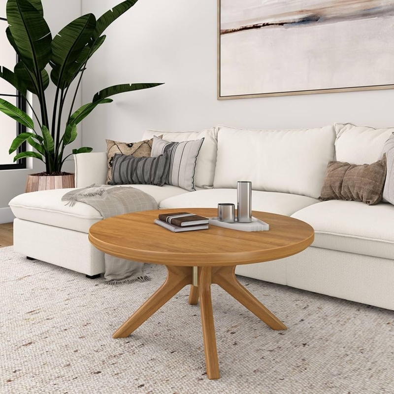 Coffee Table Round Pecan Wood Finish Cross Leg Base Modern Minimalist