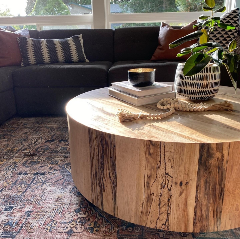 Coffee Table Round Ribbed Drum Base Ashen Walnut Wood Modern