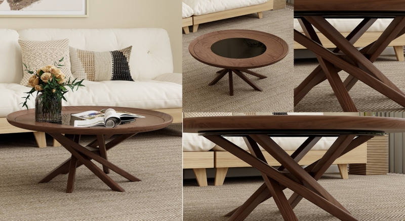 Coffee Table Round Scandinavian Black Metal Base Wood Top Minimalist
