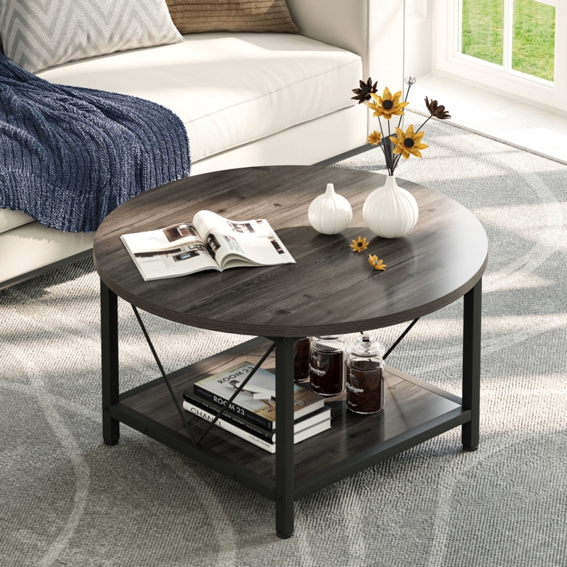 Coffee Table Round Silhouette Cross Base Metal Legs Rustic Industrial
