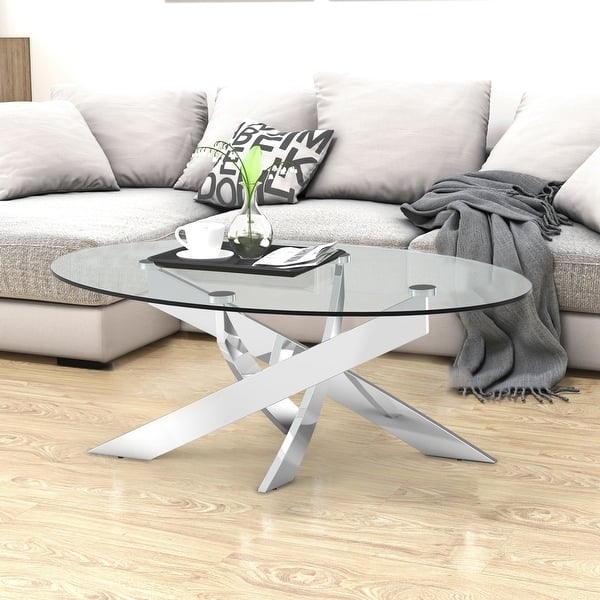 Coffee Table Round Tempered Glass Top Natural Wood Criss-Cross Base