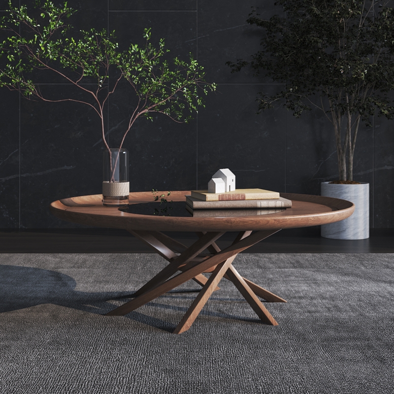 Coffee Table Round Tray Top Black Cross-Legged Base Minimalist