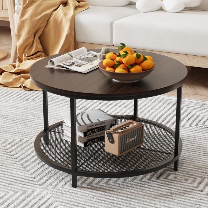 Coffee Table Round Two Tier Industrial Metal Legs Espresso Wood Storage