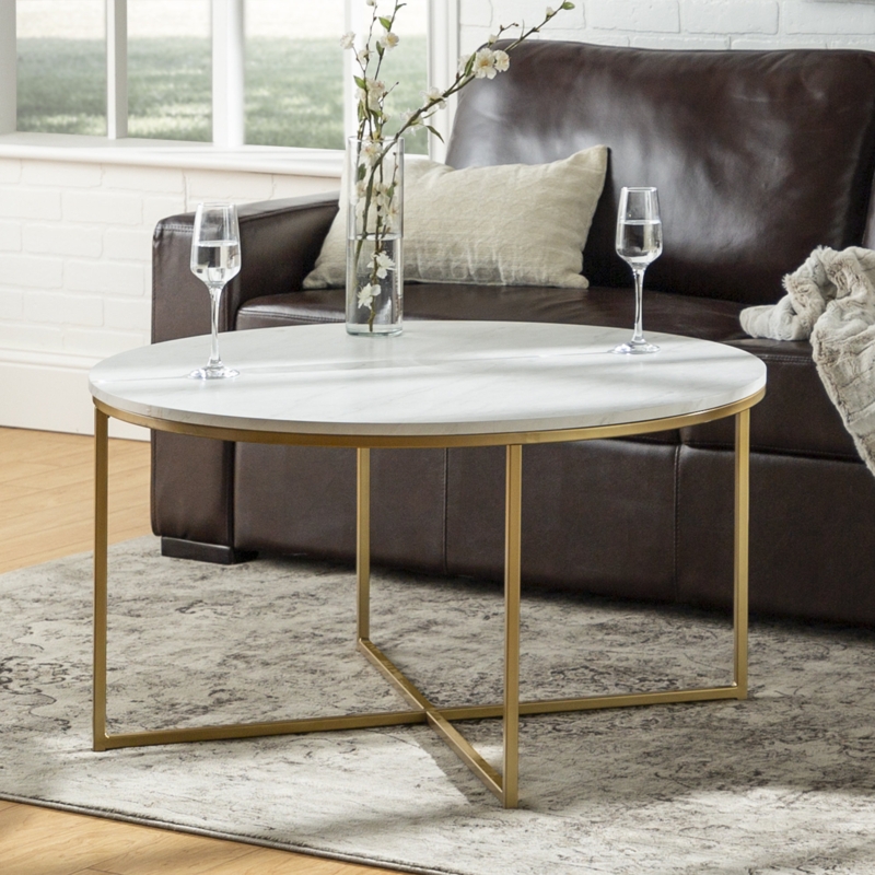 Coffee Table Round Walnut Top Black Metal Slim X-Base Industrial