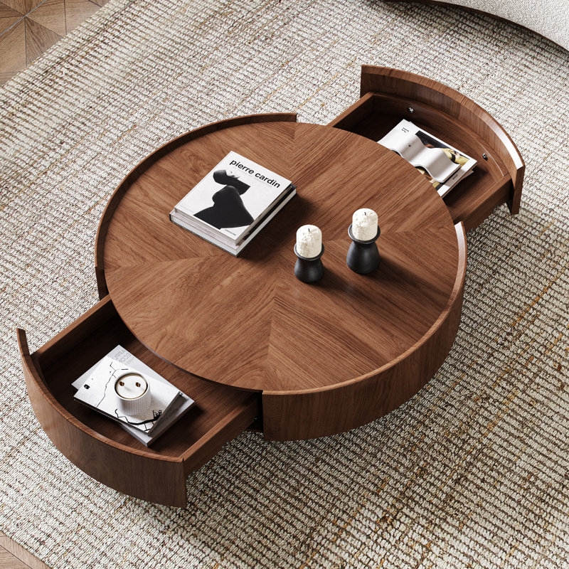 Coffee Table Round Walnut Top Matte Black Base Drawers