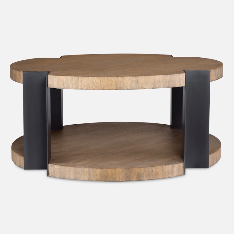 Coffee Table Round X Base Industrial Wood Metal Cross Brace