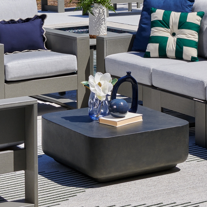 Coffee Table Rounded Corners Recessed Base Charcoal Concrete Minimalist