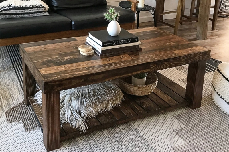 Coffee Table Rustic Farmhouse Distressed Wood Lower Shelf Storage Block Legs