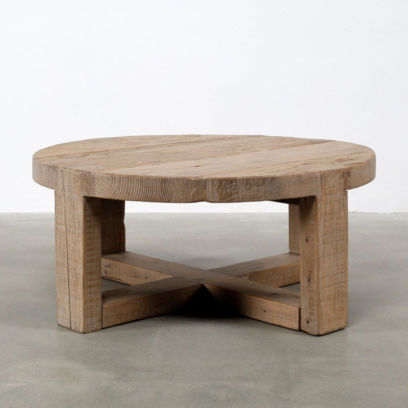 Coffee Table Rustic Round Weathered Wood X-Base Circular Stretcher