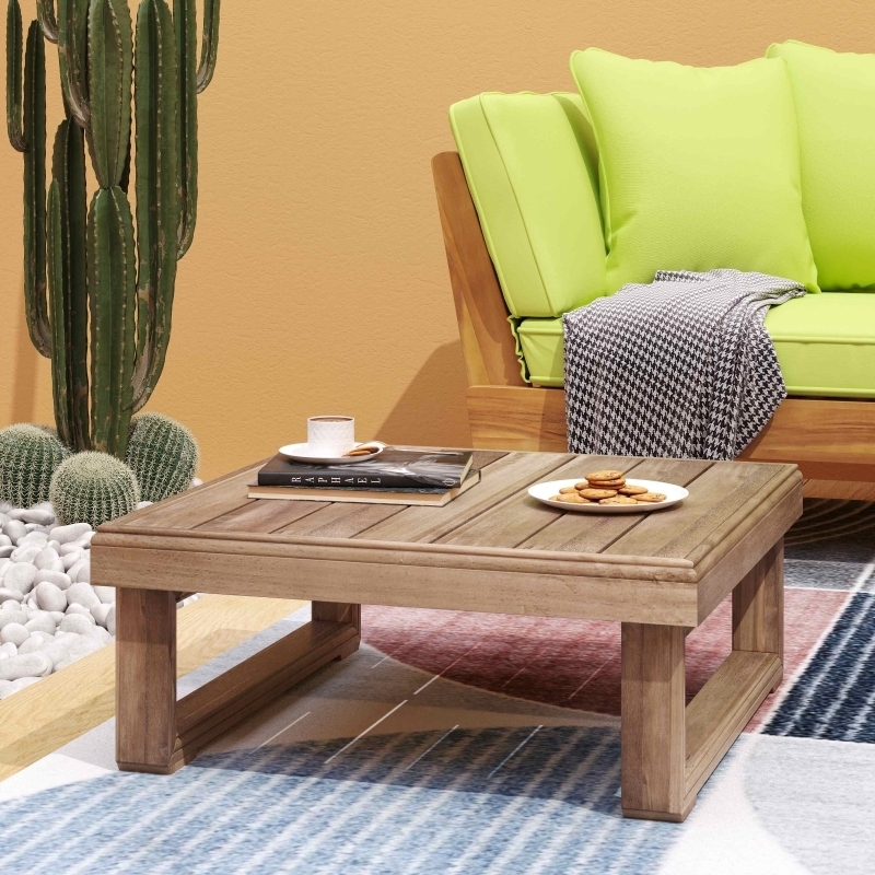 Coffee Table Rustic Wood Slatted Top Sled Base Minimalist Patio Idea