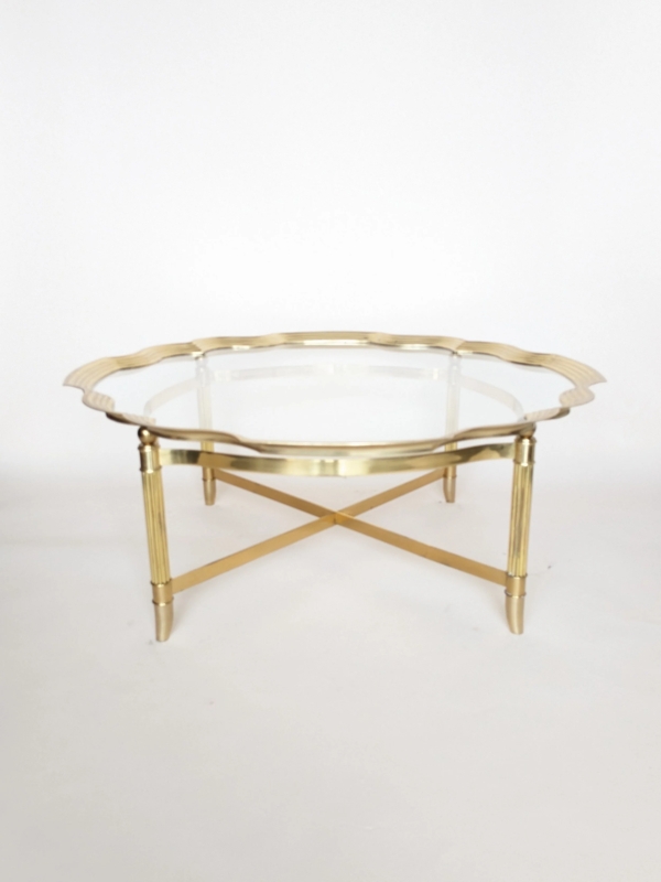 Coffee Table Scalloped Edge Gold Metal Glass Top Elegant Design