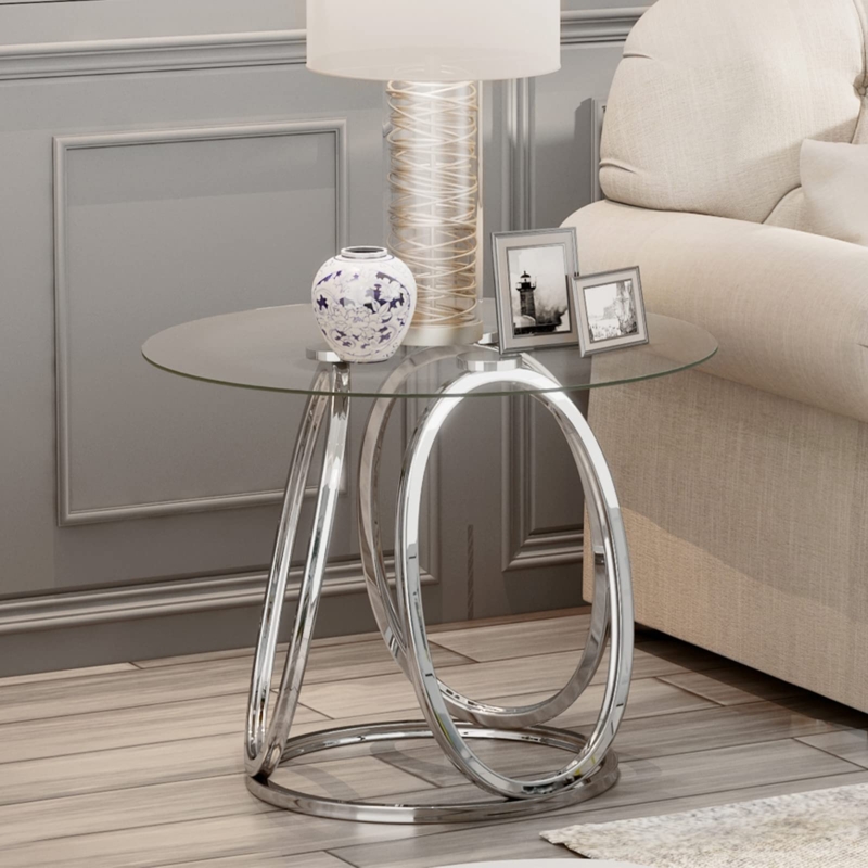 Coffee Table Set 3-Piece Chrome Geometric Base Glass Top Modern