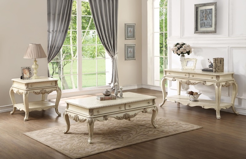 Coffee Table Set Acanthus Leaf Carvings Antique White Rococo Style