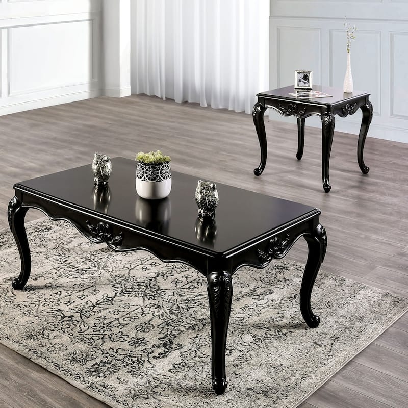 Coffee Table Set Black Ornate Carved Legs 2-Piece