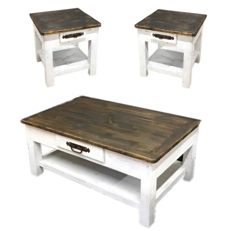 Coffee Table Set Block Legs Two Tone Rustic Farmhouse Storage