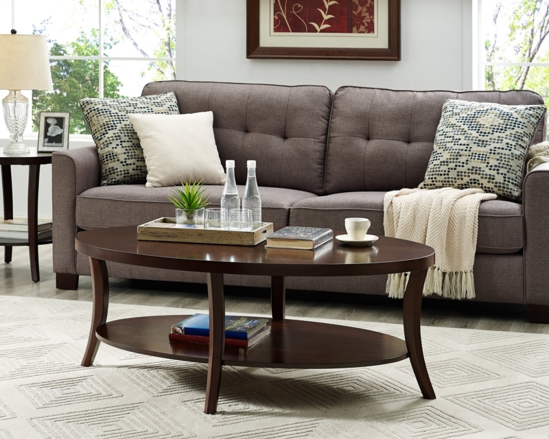 Coffee Table Set Faux Marble Top Oval Espresso Wood Curved Legs Classic