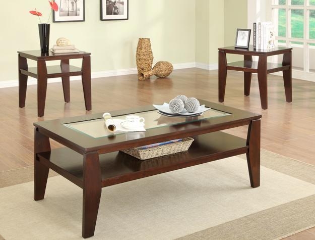 Coffee Table Set Glass Inset Top Dark Brown Contemporary Storage Shelf