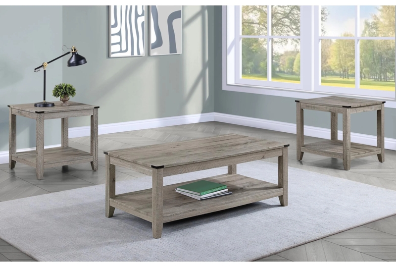 Coffee Table Set Grey Wood Grain Chunky Block Legs Modern Design