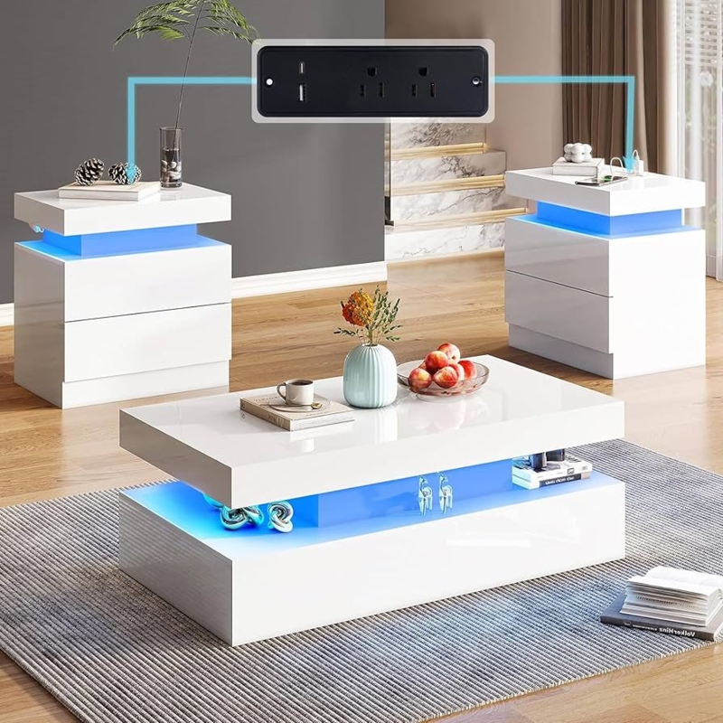 Coffee Table Set High Gloss White, Integrated LED Lighting, Charging Station.