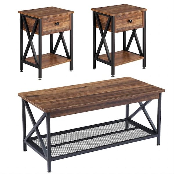 Coffee Table Set Mixed Material Mesh Shelf Industrial Rustic Drawer