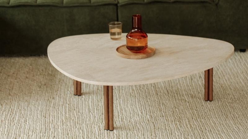 Coffee Table Set Nested Walnut Base Travertine Top Pill Shape Organic