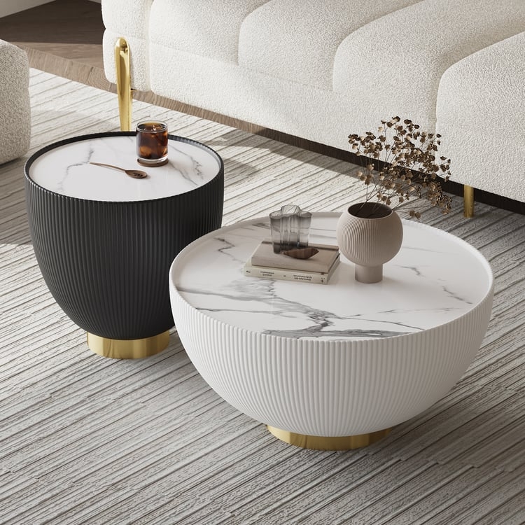 Coffee Table Set Nesting Round Drum Upholstered Base Stone-Like Top