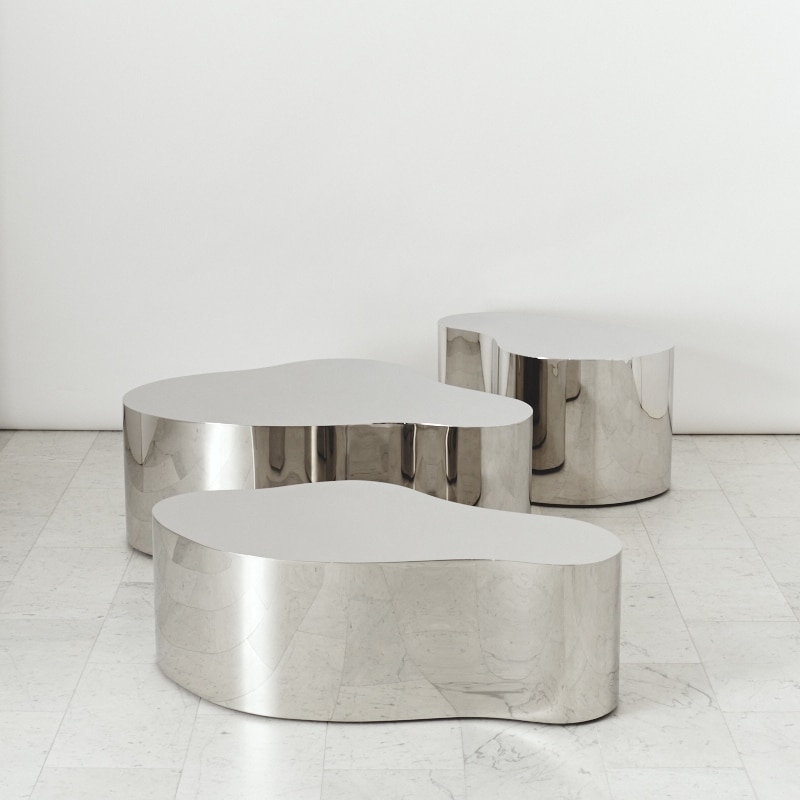 Coffee Table Set of Three, Polished Stainless Steel, Free Form, Nesting.