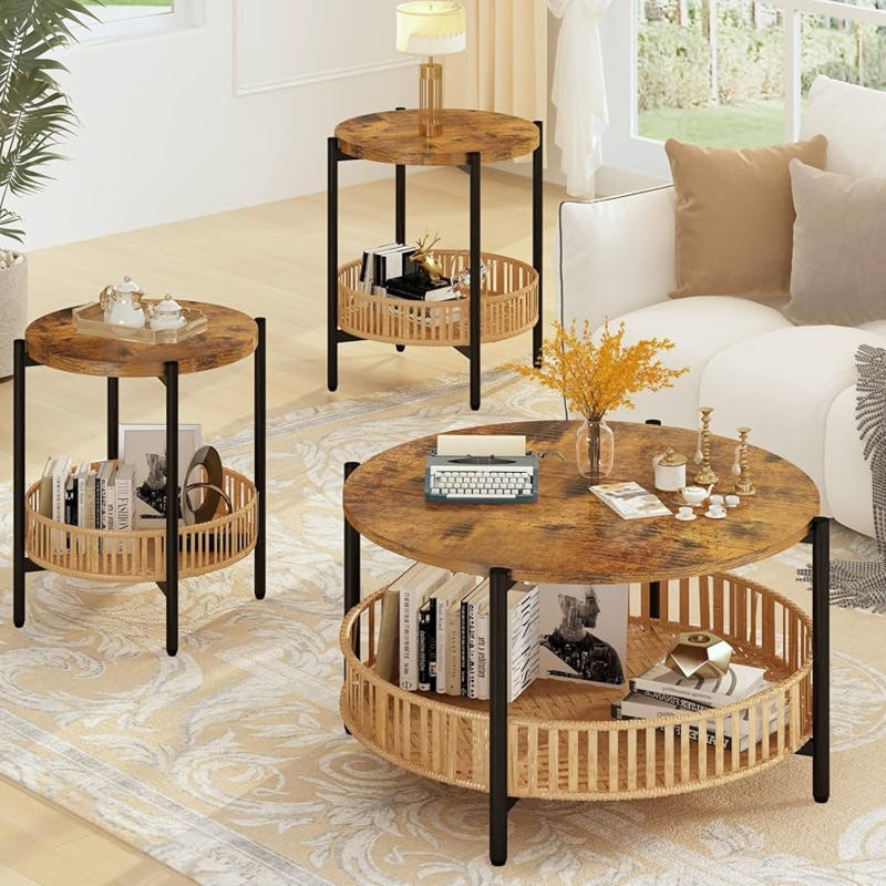 Coffee Table Set Rattan Storage Shelf Wood Metal Black Boho