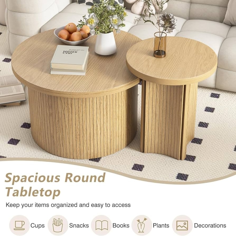 Coffee Table Set, Round Nesting Design, Wood Toned Circular Silhouette