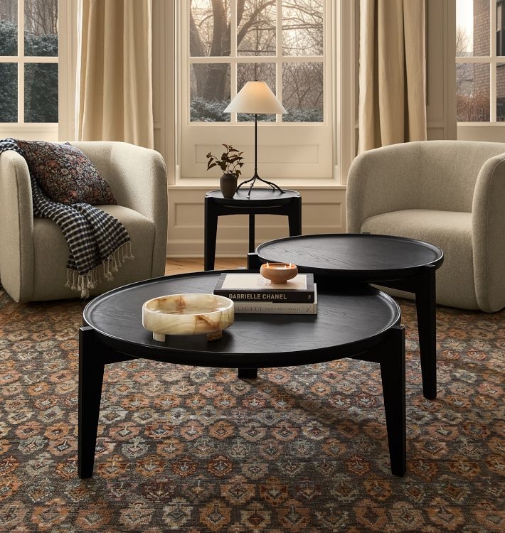 Coffee Table Set: Round Wood Tapered Tripod Base. Scandinavian style.