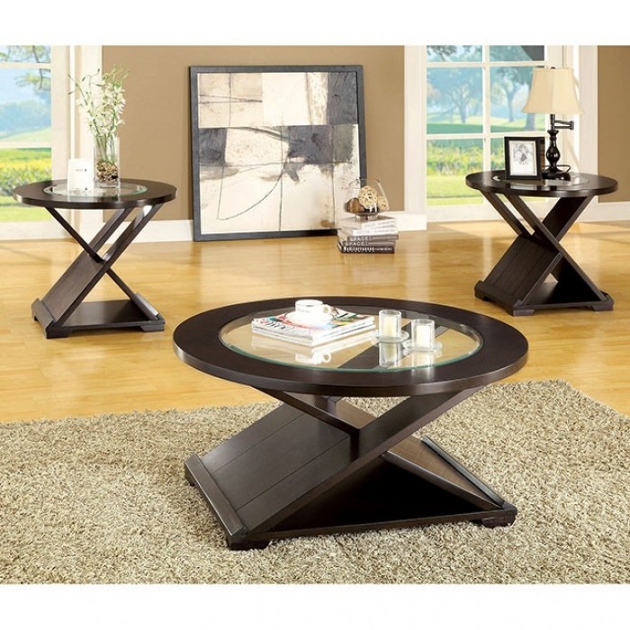 Coffee Table Set Sculptural X-Base Dark Espresso Glass Round Modern