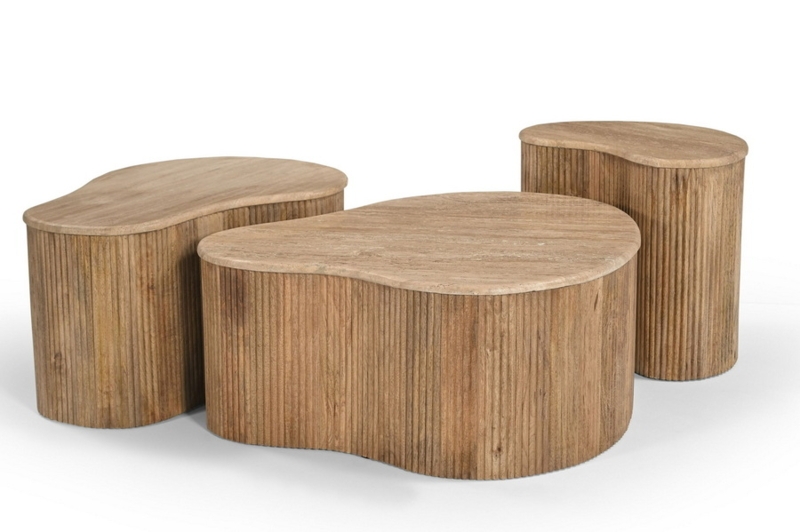 Coffee Table Set, Stone and Wood Contrast, Nesting, Tripod Legs.