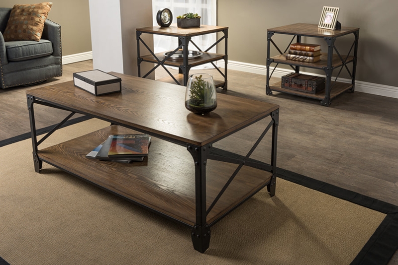 Coffee Table Set Three-Piece Industrial Casters X-Brace Sides