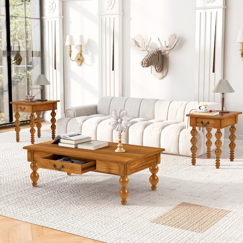 Coffee Table Set, Turned Gourd Legs, Storage Drawers, Natural Wood
