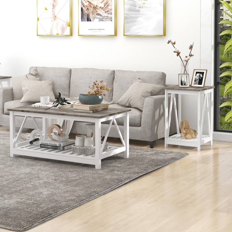 Coffee Table Set Vertical Slat Base Grey Oak Finish Modern Farmhouse