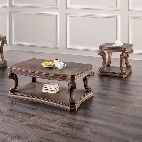 Coffee Table Set Weathered Oak Rustic 2-Piece Block Legs