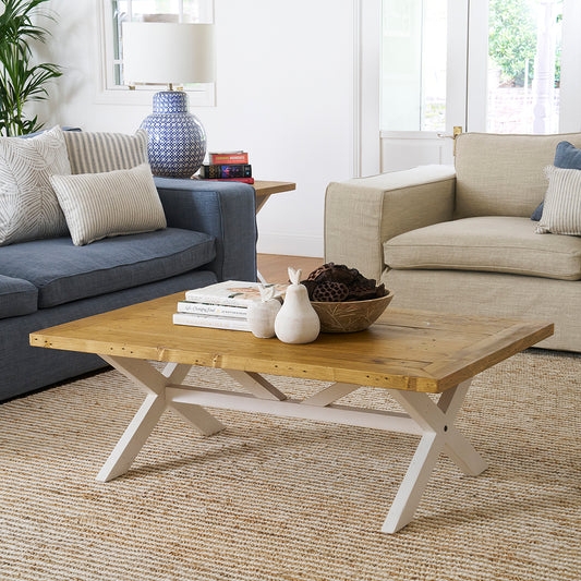 Coffee Table Set White Cross Legs Natural Wood Plank Top Square