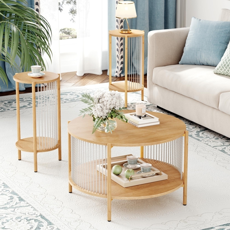 Coffee Table Set Woven Rope Shelf Three Piece Round Wood Black Boho