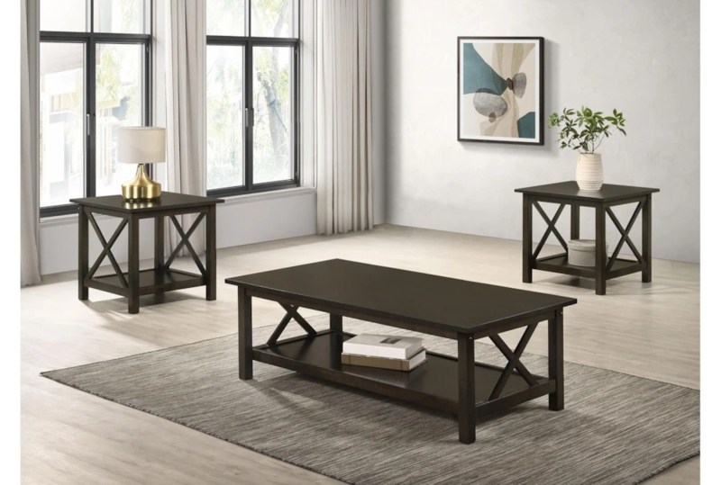 Coffee Table Set X-Frame Sides Dark Brown Transitional Farmhouse Shelf